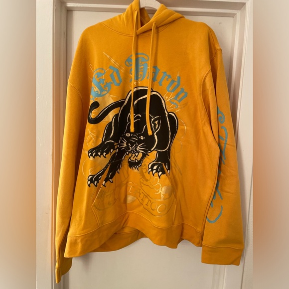ED HARDY CROUCHING PANTHER HOODIE New With Tags Size XXL GOLD Yellow - Picture 1 of 7